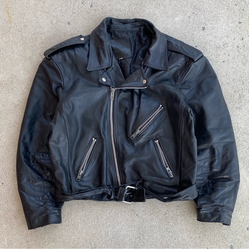 Black Screaming Eagle Leather Biker Jacket - XL